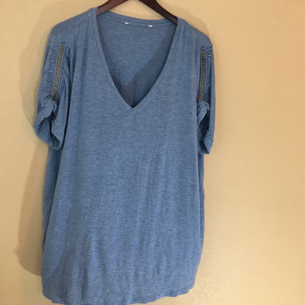 Soft blue v neck w/ metal beaded shoulder detail